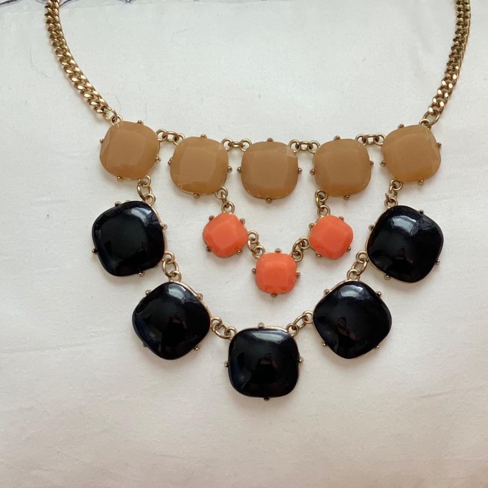 Black tan and coral statement necklace